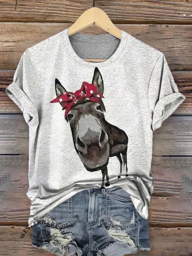 Vintage Donkey with A Bow Art Prints Casual T-shirt
