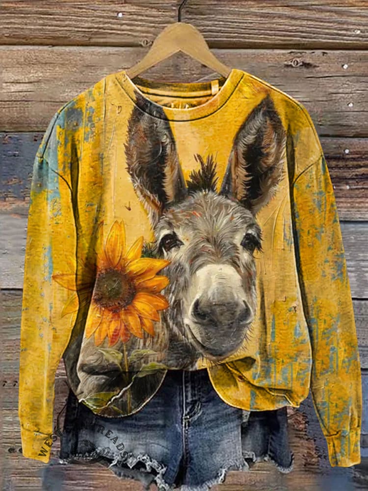 Cute Donkey and Sun Flower Prints Casual Cotton Sweatshirt