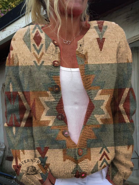 Retro Pattern Print Buttoned Cardigan Sweater