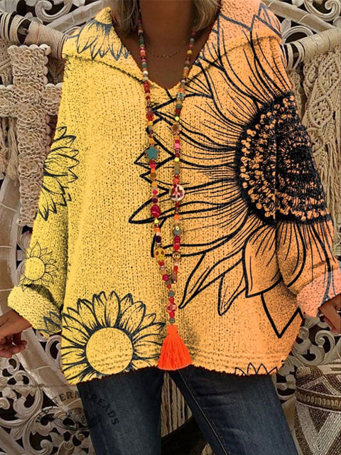 Sun Flowers Print Casual Knitted Hoodie Sweater