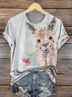 Alpaca and Flowers Print Casual T-shirt