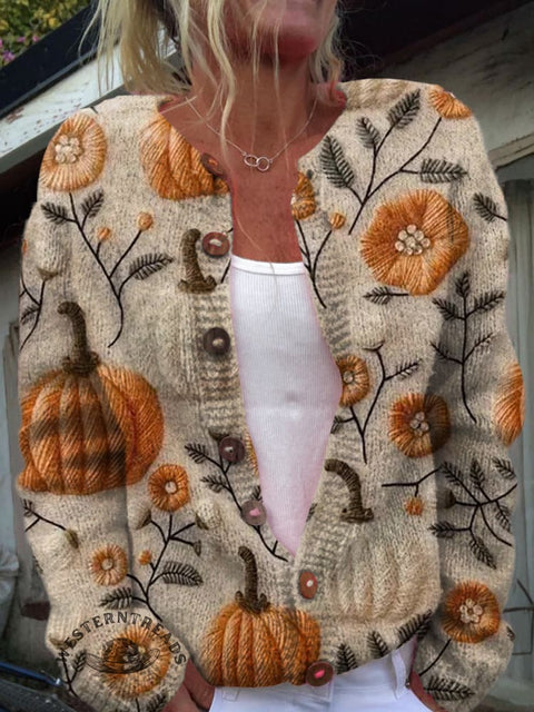 Halloween Pumpkins and Flowers Print Buttoned Cardigan Sweater