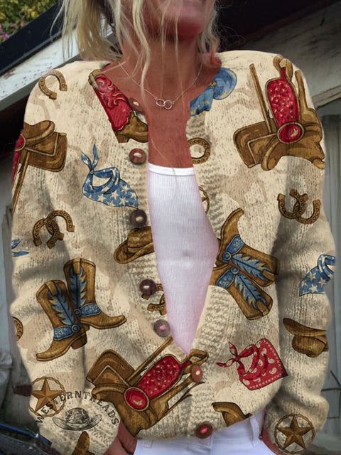 Western Print Buttoned Cardigan Sweater