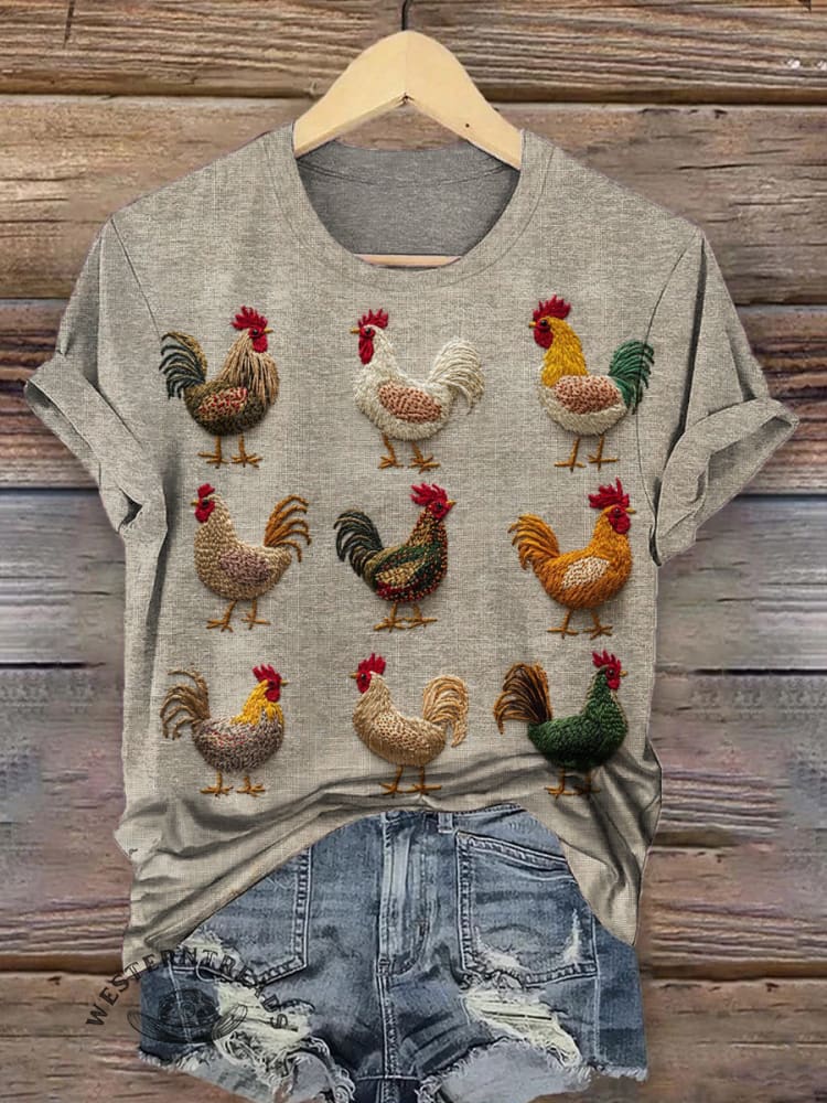 Embroidered Visual Chicken Art Print T-shirt