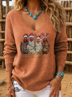 Women's Christmas Light Chicken Print Casual Pullover Sweater