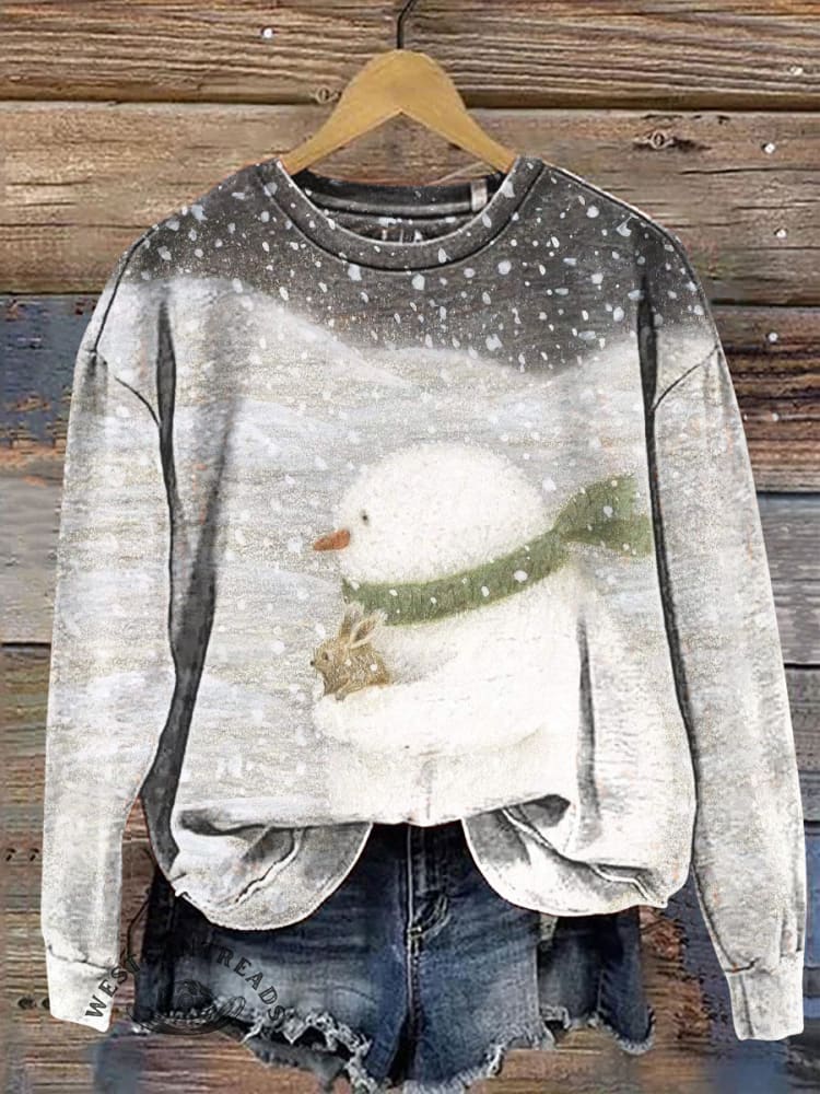 Snowman and Bunny Print Casual Cotton Sweatshirt