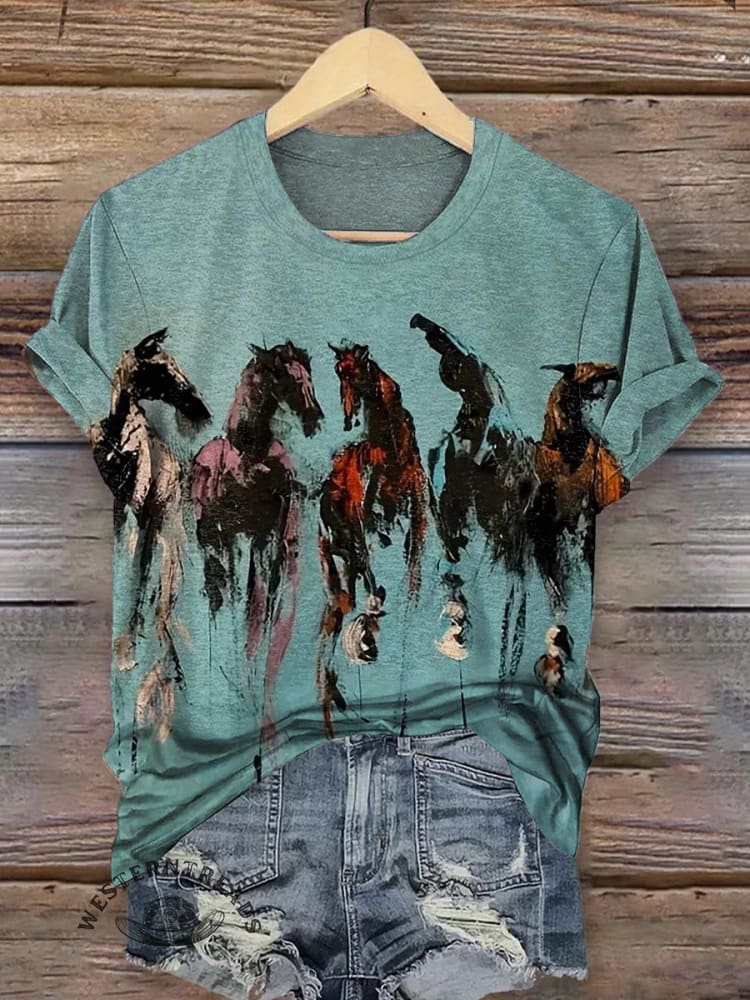 Ink Painting Visual Imagery Horse Print Casual T-shirt