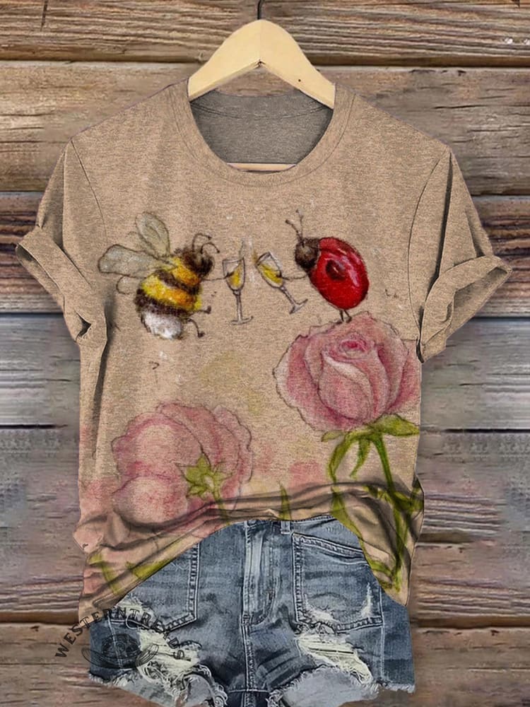 Vintage Bee Ladybug and Flowers Print Casual T-shirt