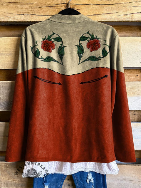 Women's Retro Rose Solid Color Stitching Print Casual Jacket
