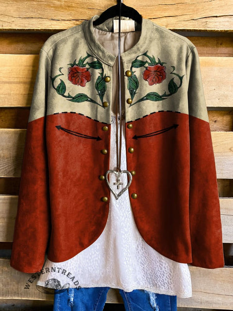 Women's Retro Rose Solid Color Stitching Print Casual Jacket