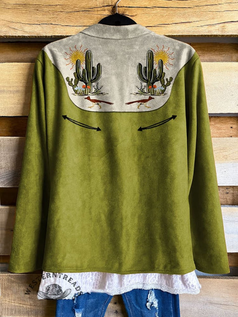Women's Western Cactus Solid Color Stitching Print Casual Jacket