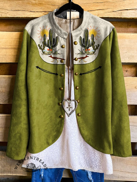 Women's Western Cactus Solid Color Stitching Print Casual Jacket