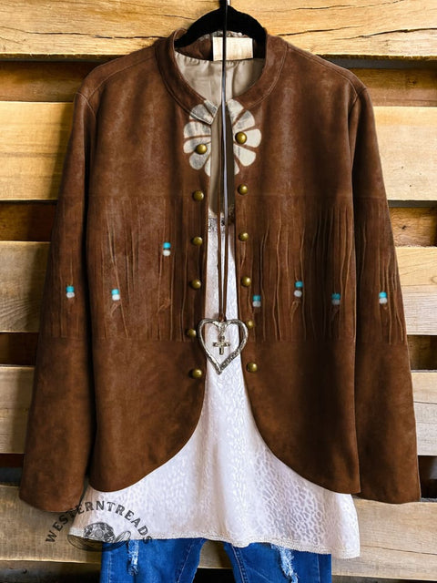 Women's Flower Tassel Visual Print Casual Jacket