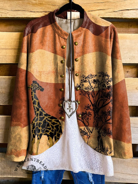 Women's Western Giraffe and Tree Print Casual Jacket