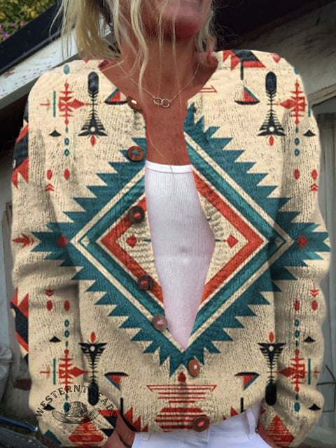 Retro Western Geometric Pattern Print Buttoned Cardigan Sweater
