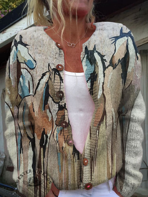 Horse Abstract Art Painting Print Buttoned Cardigan Sweater