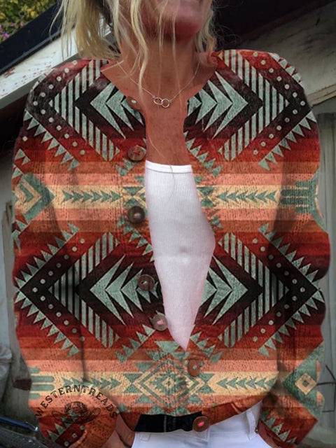 Retro Western Geometric Pattern Print Buttoned Cardigan Sweater