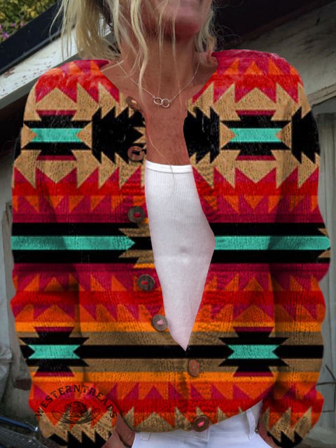 Retro Western Geometric Pattern Print Buttoned Cardigan Sweater