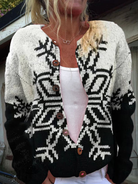 Black and White Snowflakes Print Buttoned Cardigan Sweater