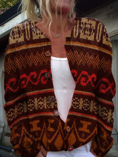 Western Abstract Patterns Print Buttoned Cardigan Sweater