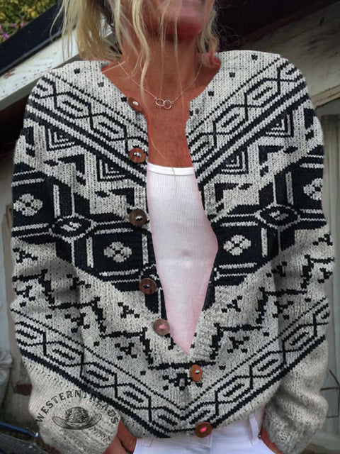 Western Abstract Patterns Print Buttoned Cardigan Sweater
