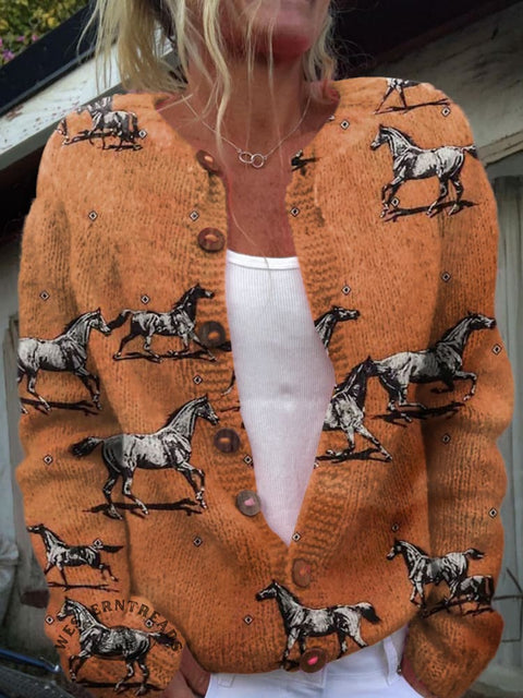 Galloping Horse Print Buttoned Cardigan Sweater