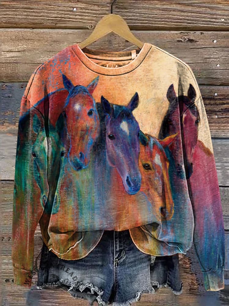 Abstract Oil Painting Colorful Horse Casual Cotton Sweatshirt