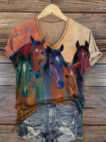Women's Abstract Oil Painting Colorful Horse V-neck Casual T-Shirt