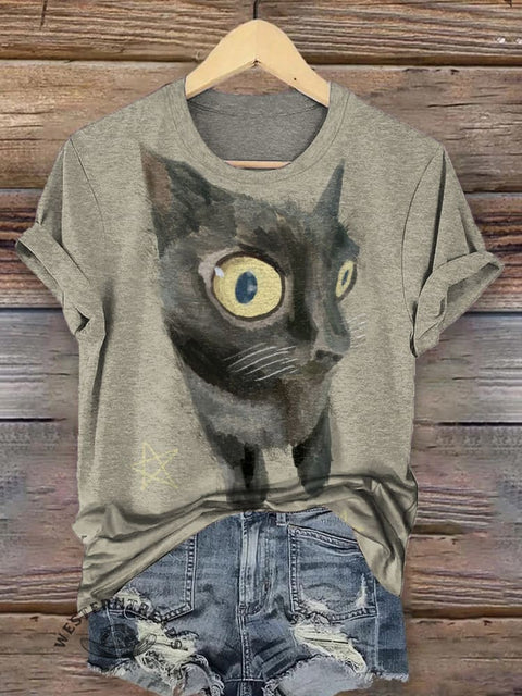 Funny Black Cat Print T-shirt