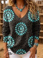 Western Turquoise Jewel Print Women's Casual Pullover Sweater