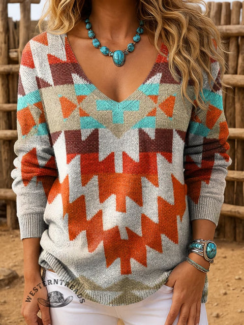 Colorful Geometry Print Women's Casual Pullover Sweater