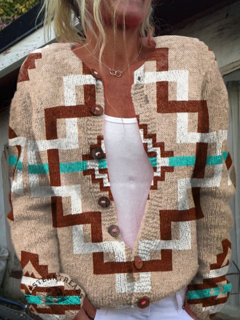 Retro Aztec Geometric Pattern Print Buttoned Cardigan Sweater