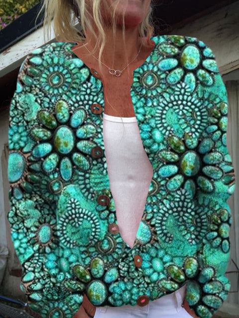 Retro Turquoise Jewelry Print Buttoned Cardigan Sweater