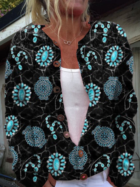Retro Turquoise Jewelry Print Buttoned Cardigan Sweater