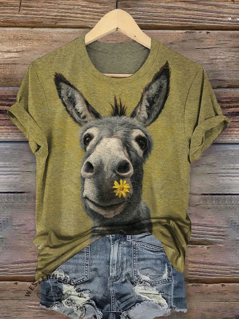 Funny Donkey and Flower Print T-shirt