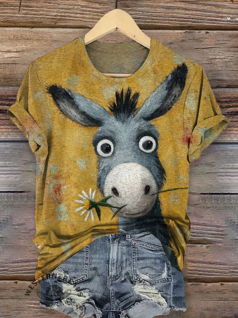 Funny Cute Donkey and Flower Print T-shirt