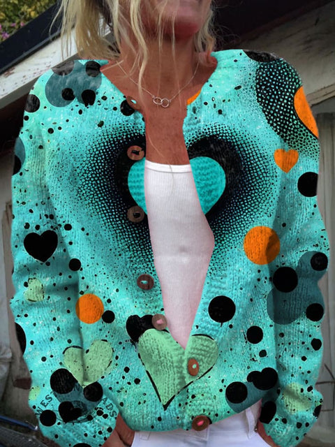 Orange Green Heart Print Buttoned Cardigan Sweater