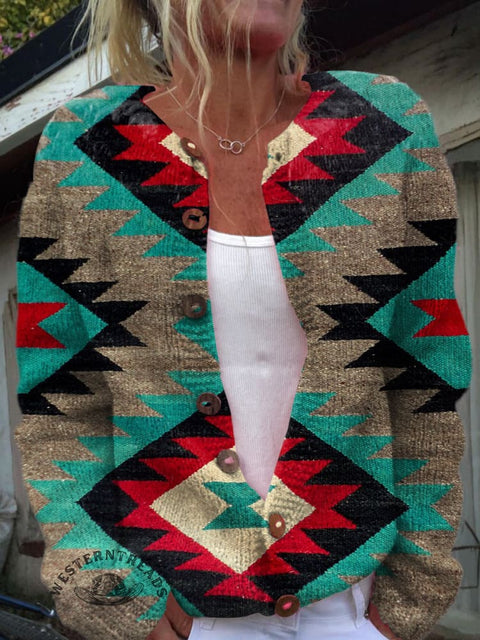 Retro Aztec Diamond Print Buttoned Cardigan Sweater