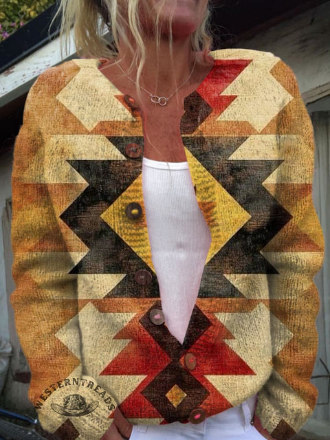 Retro Aztec Diamond Print Buttoned Cardigan Sweater