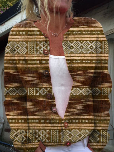 Retro Brown Aztec Diamond Print Buttoned Cardigan Sweater