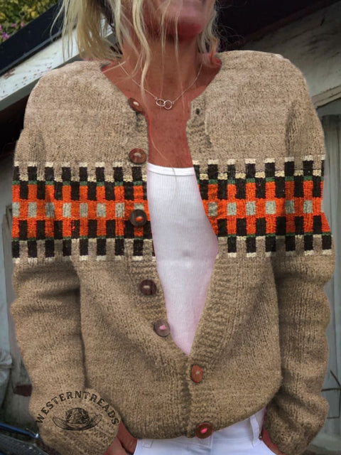Retro Splicing Print Buttoned Cardigan Sweater