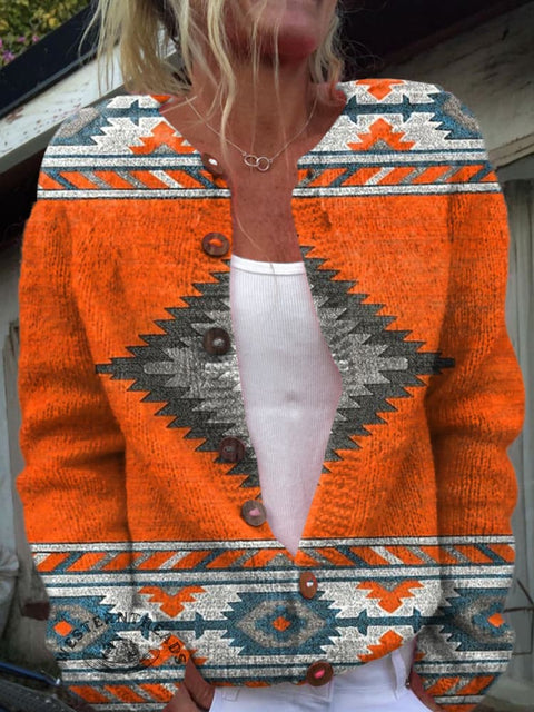 Retro Orange Aztec Diamond Print Buttoned Cardigan Sweater