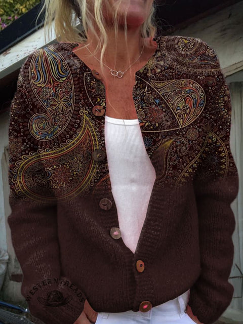 Brown Cashew Flower Gradient Print Buttoned Cardigan Sweater