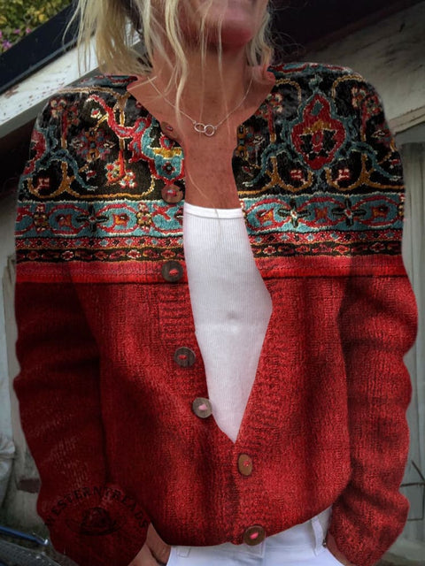 Imitation Light and Shadow Retro Flowers and Solid Color Splicing Print Buttoned Cardigan Sweater