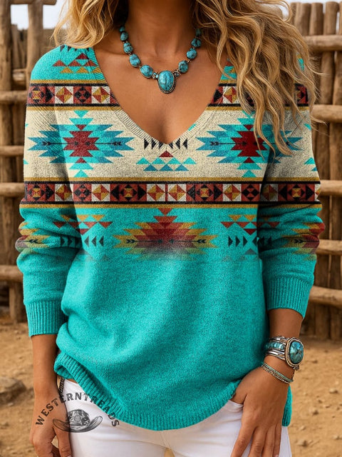 Women's Turquoise and Aztec Graphic Patchwork Casual Pullover Sweater