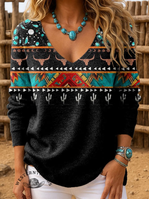 Women's Gem Bull Head Aztec Cactus Splicing Casual Pullover Sweater