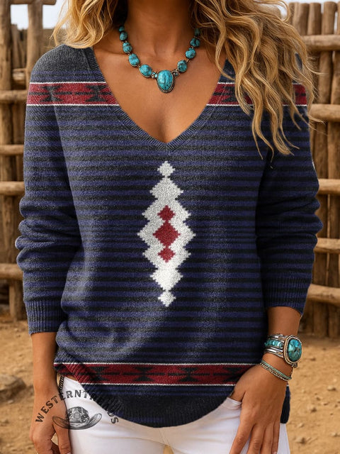 Women's Aztec Stripe Print Casual Pullover Sweater
