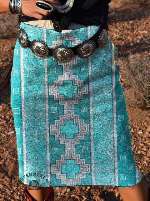 Women's Light Turquoise Cross Azct Print Knitted Skirt
