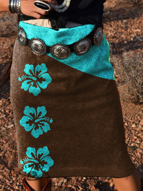 Women's Turquoise Floral and Brown Patchwork Print Knitted Skirt