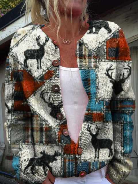 Christmas Elk and Solid Color Stitching Print Buttoned Cardigan Sweater